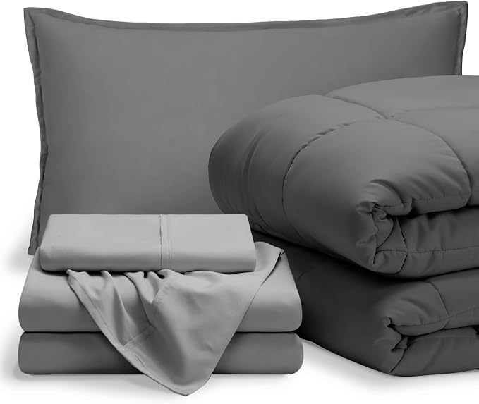 Bare Home Bed-in-A-Bag 5 Piece Comforter & Sheet Set - Twin XL - Goose Down Alternative - Ultra-Soft 1800 Premium Bedding Set (Twin XL, Grey/Light Grey)