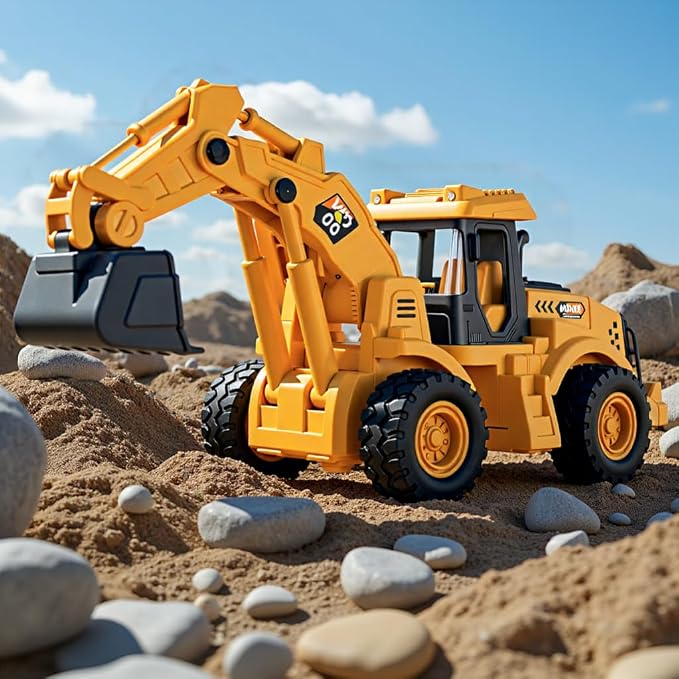 11" Excavator Toy, 1: 18 Scale, Rolling Wheels Inertia-Powered, Heavy‑Duty Plastic, with Lights & Rumbling Action, Working Boom & Bucket, Indoor/Outdoor Sandbox Vehicle for Ages 3 + - Easter Gifts