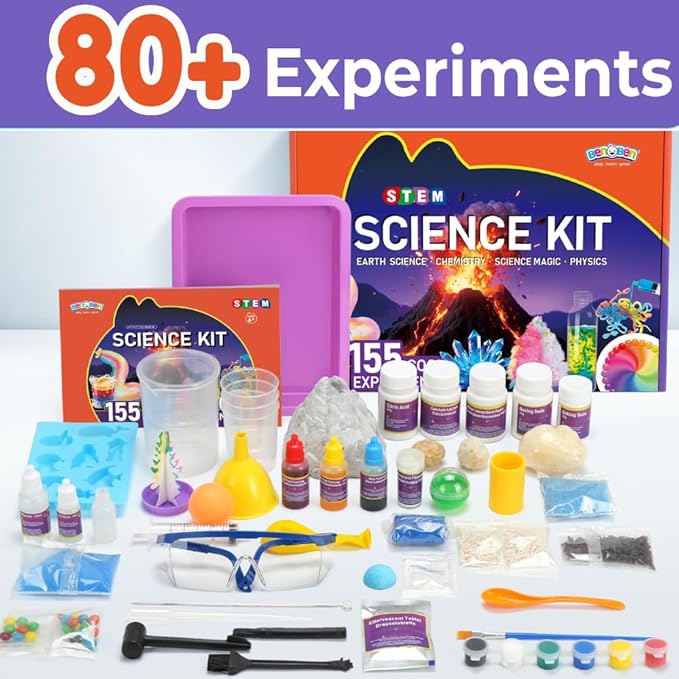 BenBen Science Kit for Kids Ages 6-10, 80 Magical Science Experiments with Crystal Growing, Volcano & Dinosaur Egg, STEM Gift for Boys Girls