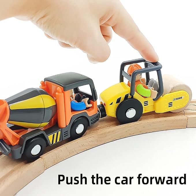 Wooden Train Cars Track Accessories Set Rescue Roller Truck and Mix Truck Toys Small Vehicles Magnetic Train Cars Fit for Wooden Train Track Railway for Boys and Girls (Engineering Set)