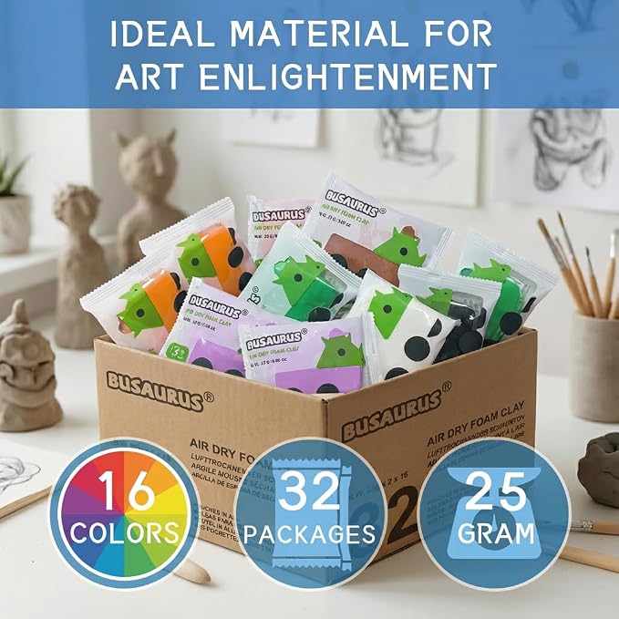 32-Pack Air Dry Foam Clay for Kids, 25g Bulk Individually Wrapped, 16 Colors Magic Modeling Clay for School Supplies, Homeschool, Party Art Projects, Teacher Classroom Must Haves