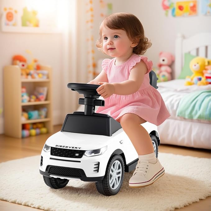 OLAKIDS Push Car for Toddlers, 3 in 1 Licensed Landrover Baby Ride on Toy with Parent Control Handle Safe Guardrails, Kids Sliding Walker with Under Seat Storage Horn for Boys Girls (White)