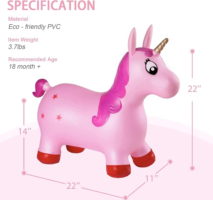 INPANY Pink Unicorn Hopper, Horse Hopper, Bouncy Inflatable Animal Ride-on Toy for Children, Boys and Girls, Toddlers (Pump Included)