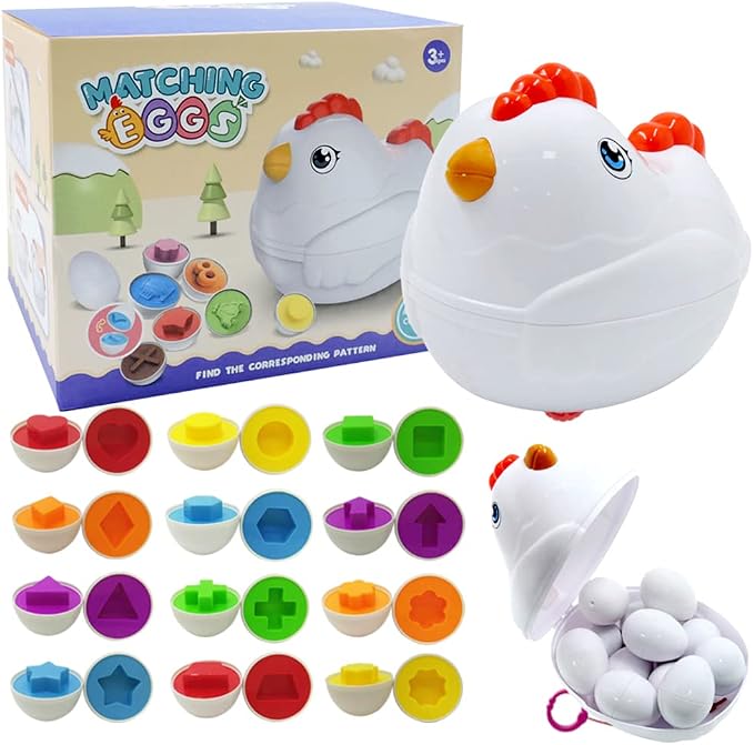 Easter Matching Eggs Toddler Toy with Push & Pull Chicken Box, 12 Pcs Montessori Sorter Learning Educational Toy, Multiple Shapes and Colors Fine Motor Skills Sensory Toy, Gift for Boys Girls