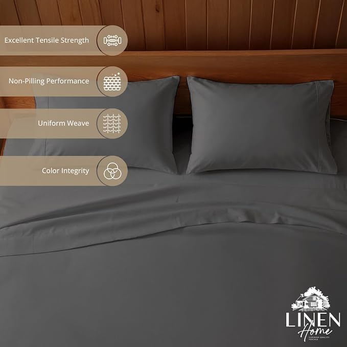 Linen Home 100% Cotton Percale Sheets Twin XL Size, Smoky Charcoal, Deep Pocket, 3 Pieces Set- 1 Flat, 1 Fitted and 1 Pillowcase, Crisp Cool and Long Staple Strong Bed Linen