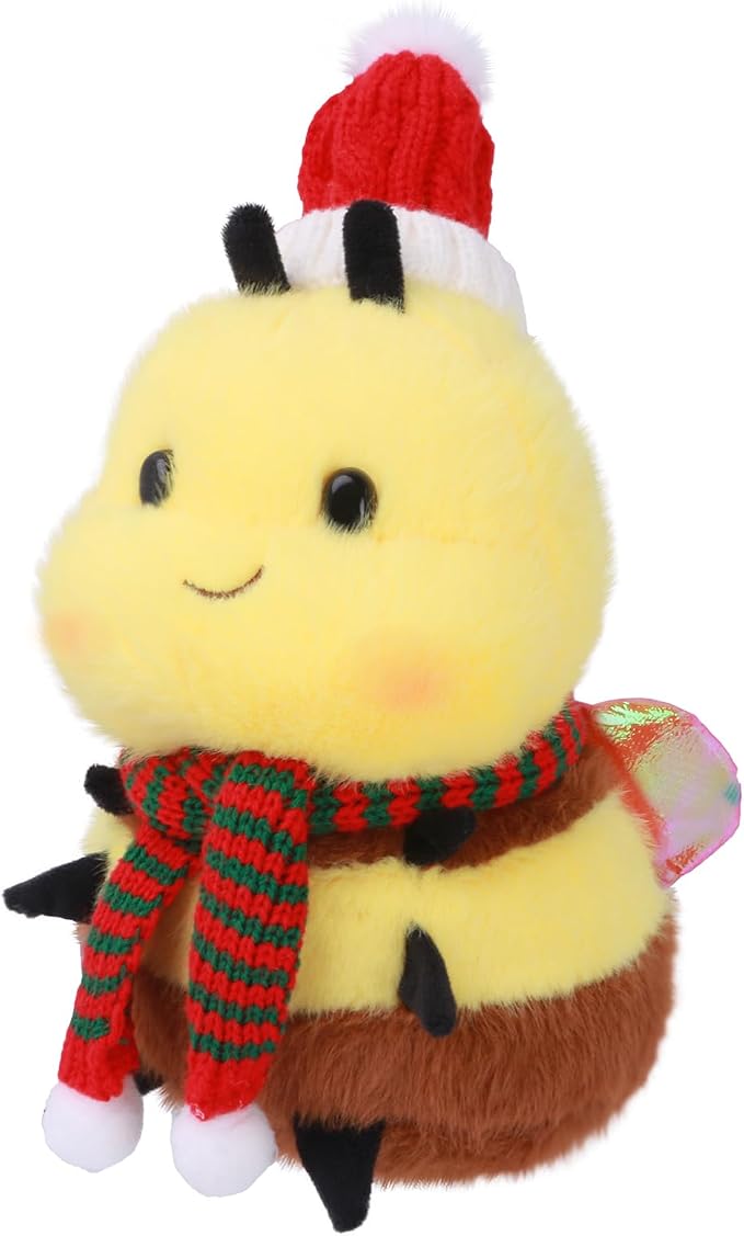 Christmas Bee Plush Toy - Chubby Cute Santa Bee with Knitted Hat & Scarf, Festive Stuffed Animal for Kids & Adults, Perfect Decor (8 inch)