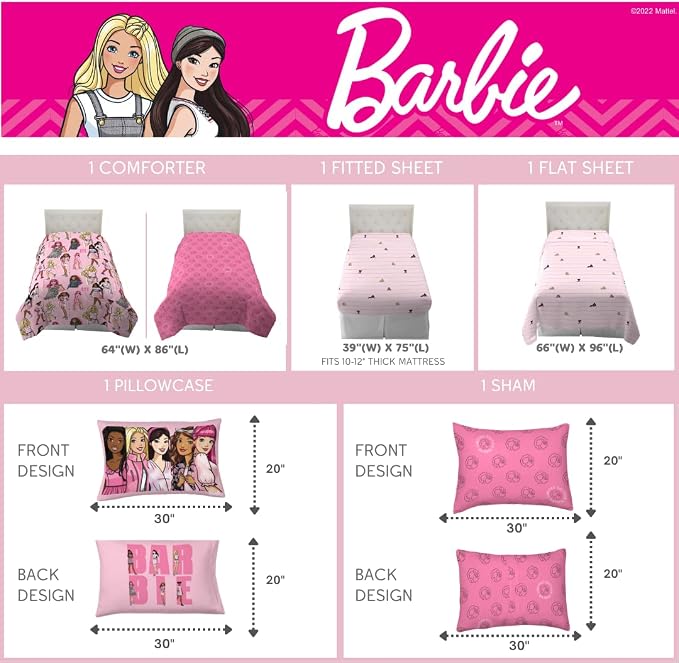 Franco Barbie Barbiecore Bedding Super Soft Comforter and Sheet Set with Sham, 5 Piece Twin Size, College Dorm Essentials (Official Licensed Product)