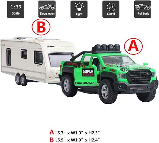 Pickup Truck Trailer Towing Toy Camper 2 in 1 Playset RV Motorhome Toys for Boys Diecast Model Car Metal Pull Back Toy Cars 1/36 Scale SUV Doors Open Light Sound Kids Birthday Gifts, Green