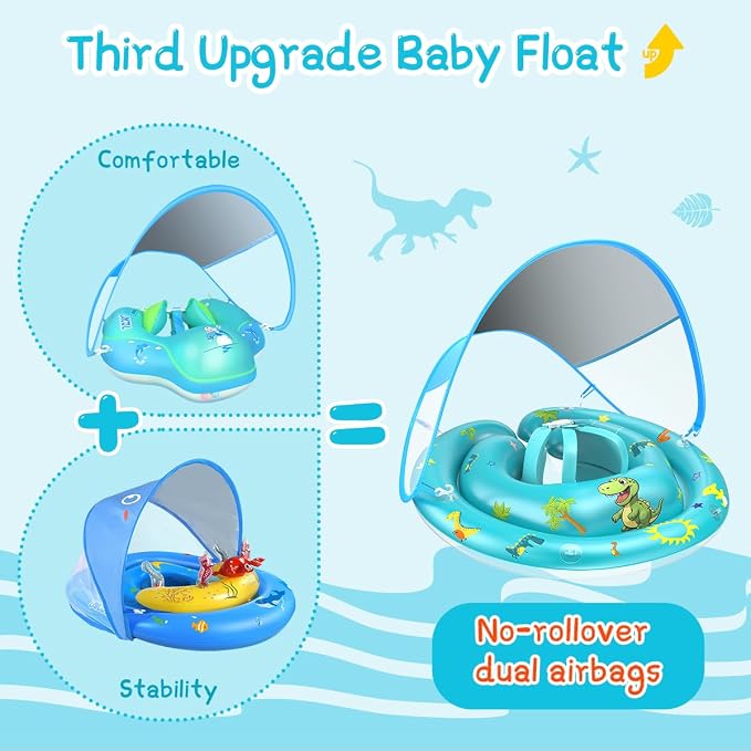 LAYCOL Baby Pool Float with Canopy UPF50+, 120°Adjustable Sun Protection and Anti-Tip Safety Seat, Inflatable Toddler Floaties Infant Pool Float with Animal Pool Toys, Baby Beach Essentials for 6-36M