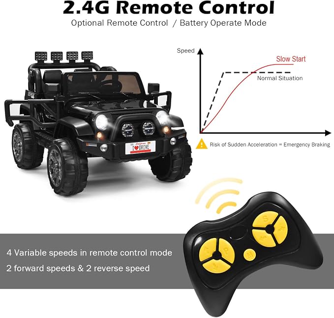 Costzon 2-Seater Ride on Truck, 12V Battery Powered Electric Vehicle Toy w/Storage, Remote Control, 3 Speed, LED Lights, MP3, Horn, Music, 2 Doors Open, Spring Suspension, Ride on Car for Kids(Black)