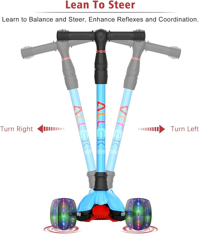 Allek Kick Scooter B02, Lean 'N Glide Scooter with Extra Wide PU Light-Up Wheels and 4 Adjustable Heights for Children from 3-12yrs (Aqua Blue)