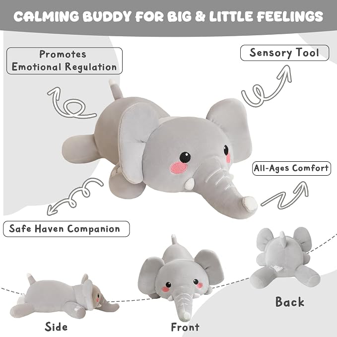 TOYSYM Weighted Stuffed Animals, 1.6 lbs Elephant Stuffed Animal with Weighted Beads, Cute Plush Toy Pillow Gifts for Adults Kids Boys Girls