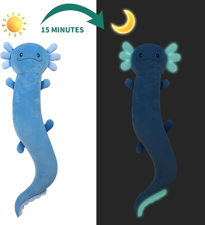 Tianmihou 48 Inch Giant Axolotl Plush Pillow, Big Blue Axolotl Stuffed Animal, Glow in The Dark Salamander Plushie, Soft Large Axolotl Body Pillow, Cute Birthday Gift for Kids Adults
