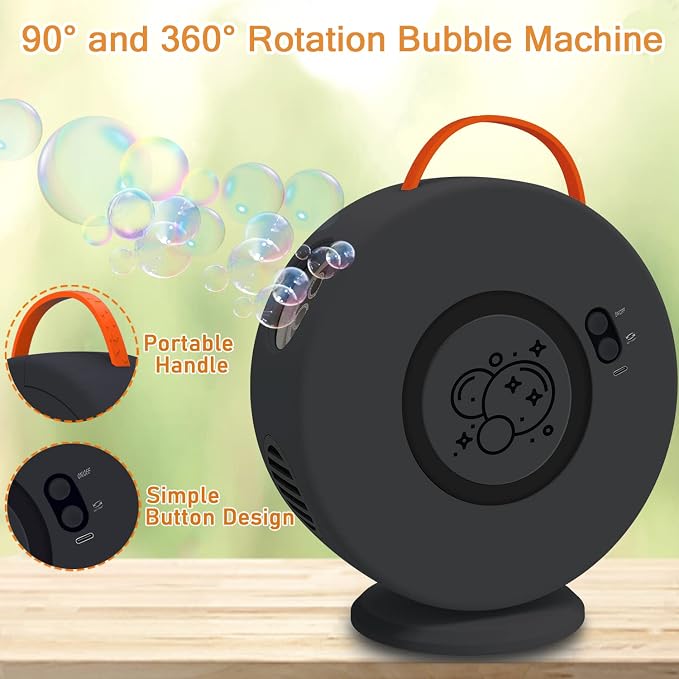 Bubble Machine Automatic Bubble Blower for Kids Toddlers Rechargeable Battery Portable Bubble Maker Electric Bubble Machine Auto Rotating 90°/360° Outdoor Toy for Easter and Birthday Gift