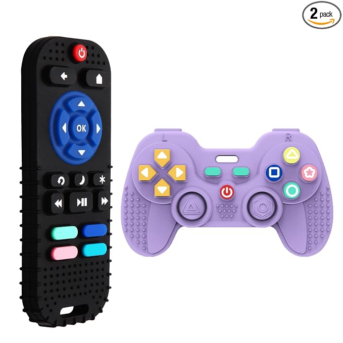 Hooku 2 Pack Remote Teether for Baby, Silicone Teethers for Babies 6-12 Months, Baby Teething Toys for Babies 0-6 Months, Remote Control Toy, Infant Gifts for Boys Girls