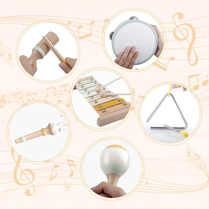 Baby Musical Instruments-Montessori Wooden Toys for Toddlers,Neutral Colors Percussion Instruments Set with Modern Boho Xylophone for Kids Preschool Educational (Neutral)