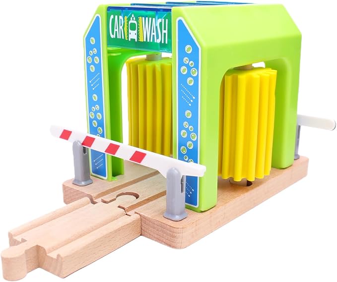 Car Wash Toy for Wooden Train Set Accessories,Wooden Train Washing Station Playset for Toddlers,Compatible with Thomas, Brio, Chuggington
