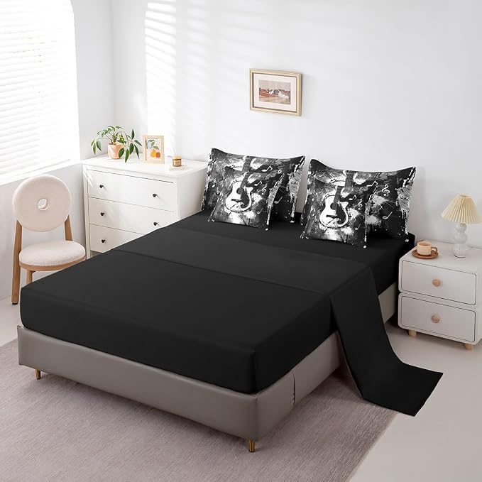 Feelyou Guitar Comforter Set with Sheets Twin Size Rock Music Bed in a Bag for Boys Girls Teens Black Gray 7 Pieces Bedding Set Soft Lightweight Microfiber