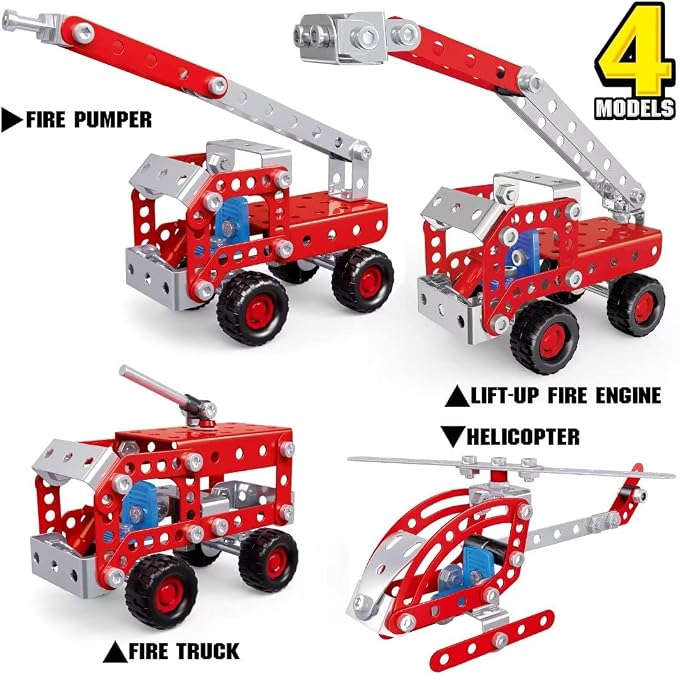 Ferthor Fun Stem Building Toys for Boys Age 8-12,Creative Sets Fire Trucks Series Model Kit,Assembly Toys for Kids,Metal Building Blocks for Model 4 in 1 Fire Fighting Cars(121PCS)