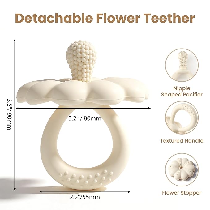 Baby Silicone Flower Teether Pacifier, Nipple-Shaped End Texture for Sucking Needs, Teething Relief, Chew Sensory Toys for Babies 0-6 6-12 Months, Hands-Free Design, BPA Free, Freezable -Beige
