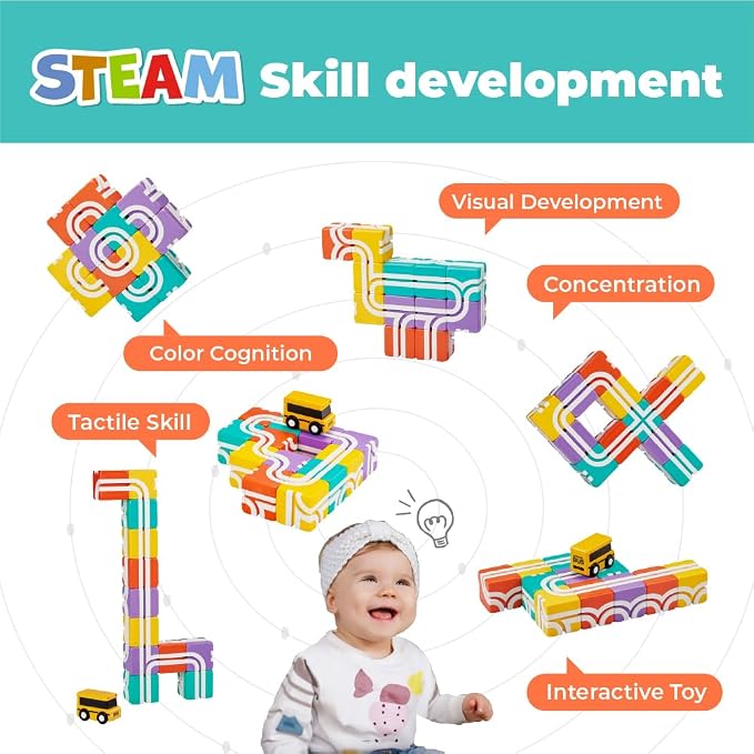 QBI Magnetic Blocks for Toddlers 1-3｜School Bus Toy Set with 12 Pastel Track Cubes｜STEM Montessori Educational Toys for 1 Year Old Boys & Girls｜Safe Large Building Bricks (13 Pieces Starter Pack)