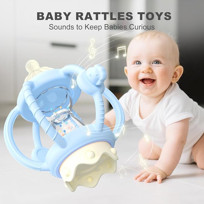 Silicone Teether Rattle Toy for Babies 0-12 Months Teething Relief | Montessori Sensory Teething Toy with Pacifier, Easy Grasp Handle for Infant Boys & Girls, Baby Must Haves