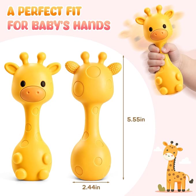 Baby Rattles Teething Toys 3-6 6-12 Month, Multi-Functional BPA-Free Silicone Teether Toys for Teething Relief & Sensory Rattle Play, Perfect Infant Newborn Toys & Baby Gifts (Yellow)