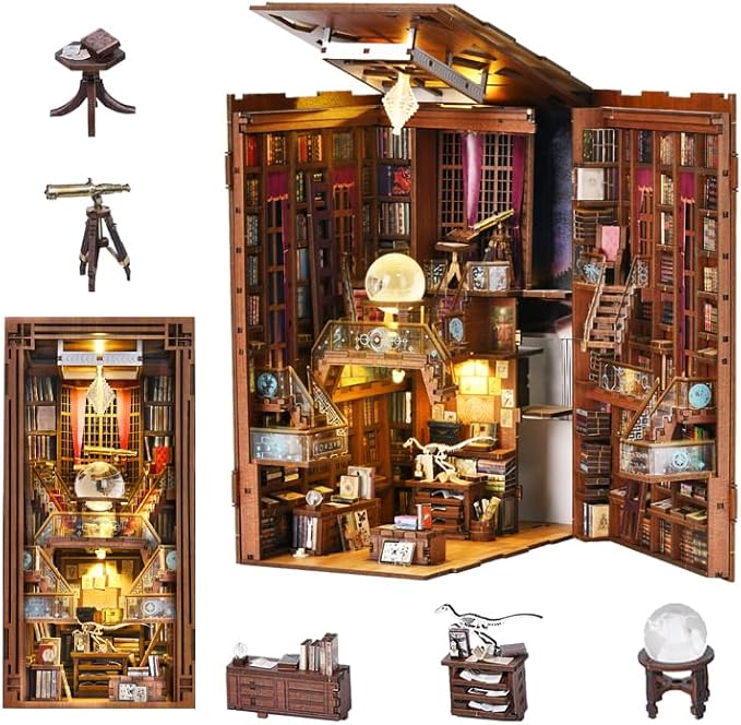 CCCDF Beyond Library Book Nook Kit, Fantasy Magical Bookshelf Insert with LED Lights, Dust Cover, 3D Wooden Puzzle Craft for Adults