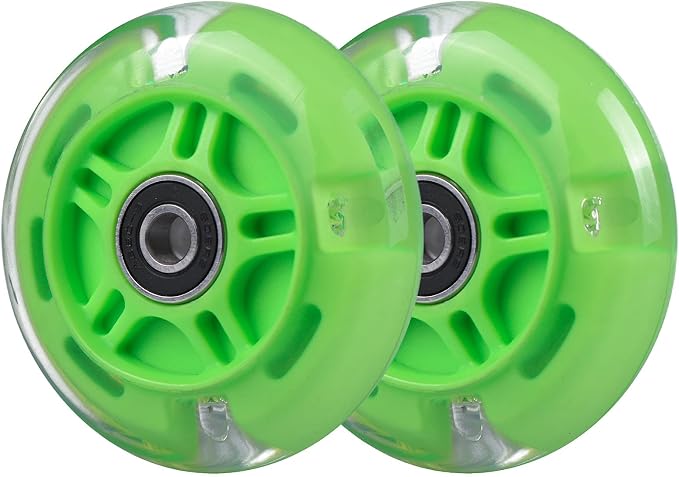 Rear 80mm Light Up White Flashing 3-Wheeled Kid Scooter Replacement Wheels Compatible with Micro Globber Lascoota Kick Scooter, 2-Pack (Green)