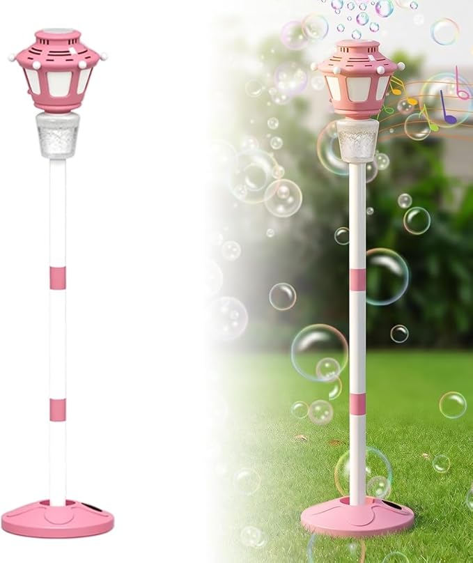 2026 New 47" Rechargeable Automatic Bubble Maker with Light and Music for Outdoor, Adjustable Height Stand with Detachable Wand, Bubble Solution Included for Party (Pink)