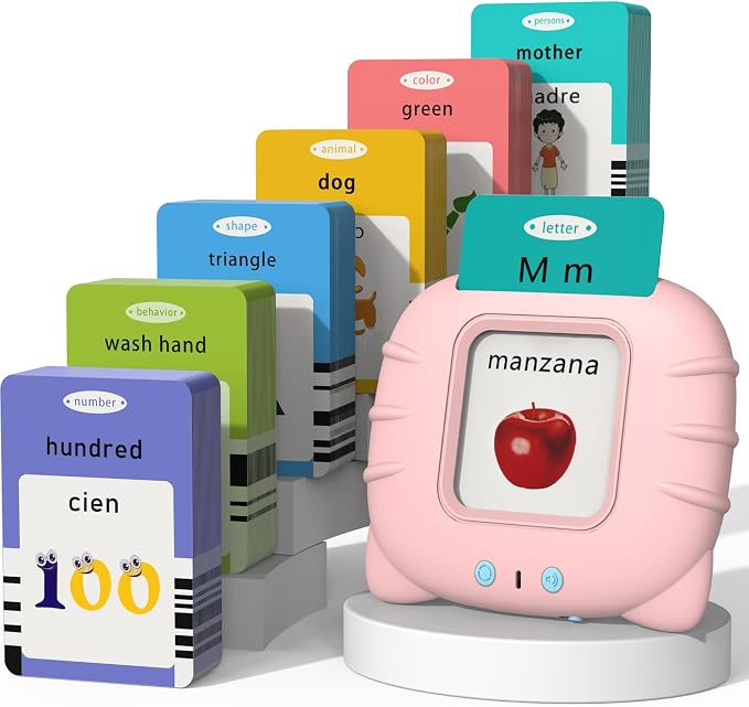 Startcan Spanish & English Talking Flash Cards for Girls 3-6, Audible Toys with Music to Learn Numbers 0-100, Letters, Phrases and More Spanish and English Vocabulary - 278 Cards and 556 Words(Pink)