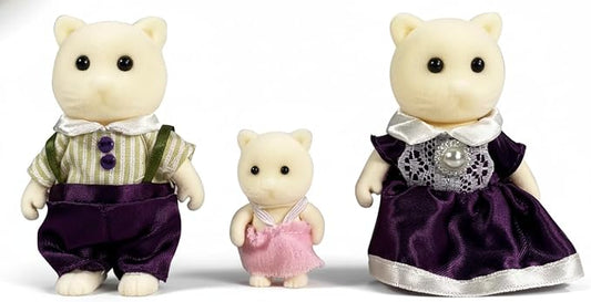 Family Cream Cat Figures — Set of 3 Collectible Flocked Mini Dolls with Removable Clothes, Dollhouse Pretend Play Set for Kids Ages 3+