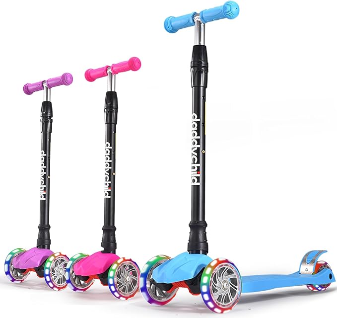 Kids Kick Scooter, 3 Wheeled Scooter for Kids, Child/Toddlers Toy, Adjustable Height, Anti-Slip Deck, Flashing Wheel Lights, for Boys/Girls 3-12 Year Old