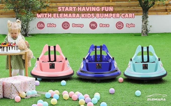 ELEMARA Bumper Car for Kids,1.9mph Max,12V Toddler Ride on Toys with Remote Control,2-Speed,2 Playing Modes,360 Degree Spin,Bumping Toy Gifts W/Bluetooth,5 LED Lights Modes,DIY Stickers,Pink