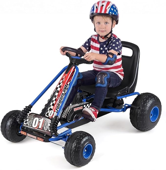 Costzon Pedal Go Kart, 4 Wheel Ride on Toy Pedal Car with Adjustable Seat, Forward/Backward & Handbrake, Outdoor Bicycle Go Cart with Wear-Resistant Wheels, Gift for Boys and Girls (Blue)