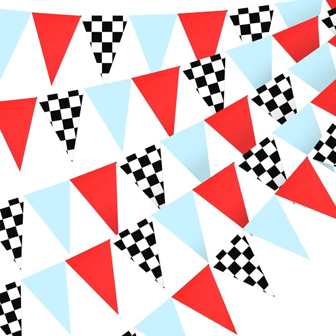 Tiamon 5 Pcs Racing Car Flag Banner Party Decorations Red Blue Black White Checkered Triangle 49.2 Ft Flag Race Car Pennant Banner Garland Streamer for Birthday Baby Shower 2nd Two Fast Party Supply