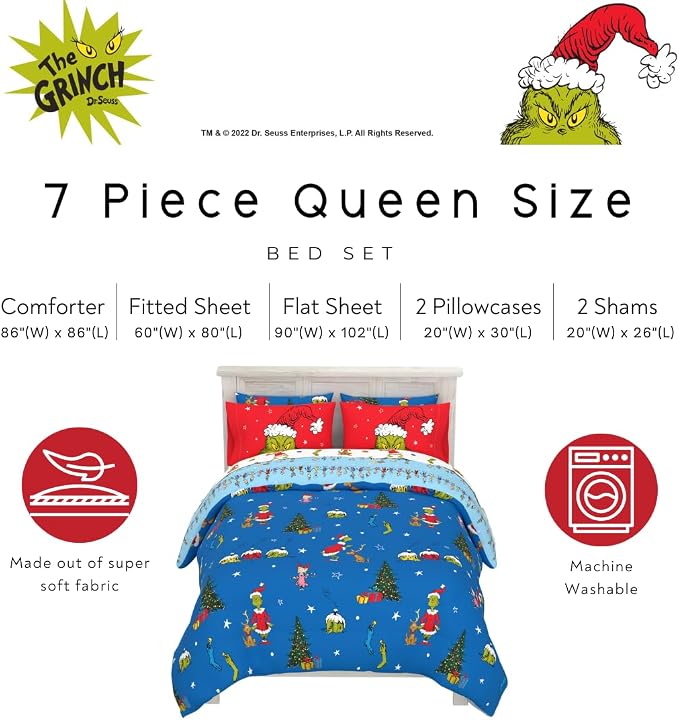 Grinch By Dr. Seuss Holiday & Christmas Bedding Super Soft Comforter and Sheet Set with Sham, 7 Piece Queen Size (Official Dr. Seuss Product) By Franco
