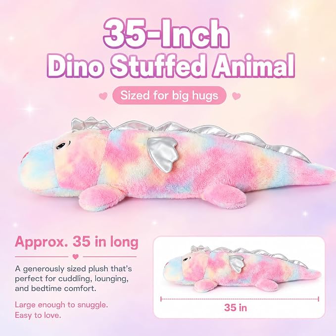 Jumbo Dinosaur Pillow,Cute Pink Giant Dinosaur Stuffed Animal,Dino Plush Toys for Girls,Rainbow Large Dino Plushies,Big Stegosaurus Stuffy,Cuddle Pillow Kids Easter Birthday Valentine Gift