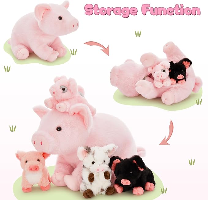 5-Piece Pig Stuffed Animal Set, 16 Inch Mommy Plush with 4 Baby Piggy Toys, Soft Cuddly Kawaii Plushies, Christmas Birthday Gift for Kids Girls Boys, Baby Shower Decor