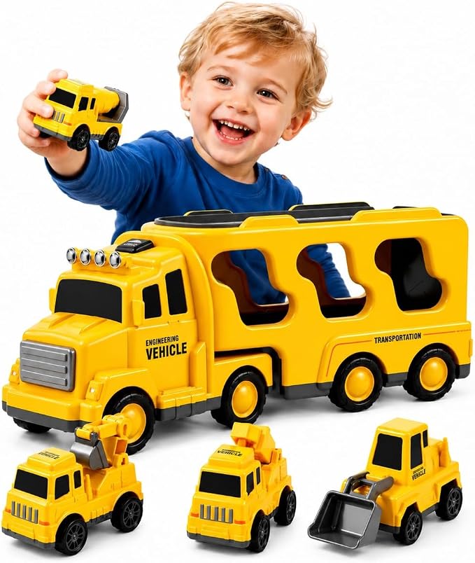 Bennol Construction Truck Toys for 1 2 3 4 5 Years Old Boys Toddlers, Cars Toys Gifts Construction Trucks with Excavator Crane Mixer Bulldozer, Toddler Car Toy Set for Kids Boys Girls