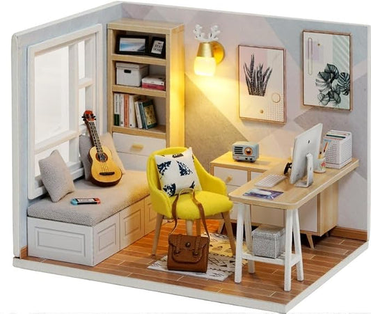 DIY Miniature Dollhouse Kits - Wooden Mini Model House with LED Lights, Tiny Furniture & Accessories – Craft Building Kits for Teens & Adults (Study Room) – Birthday Valentine's Gift