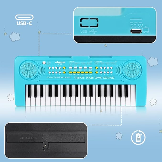 Keyboard Piano for Kids, BIGFUN 37 Keys Toddler Piano Multifunction Music Educational Instrument Toy, Electronic Kids Keyboard Set for 3-7 Year Old Girls and Boys (2PCS, Black + Blue)