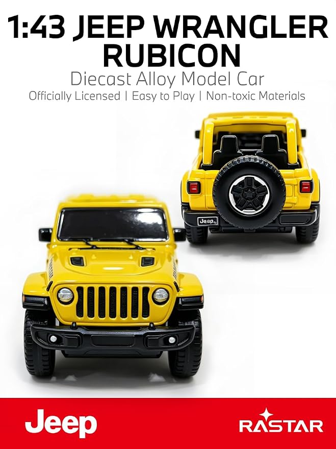RASTAR 1/43 Diecast Model Car Jeep Wrangler Rubicon, Durable, 59000 | Officially Licensed, Ideal Gift, Zinc Alloy, Smooth Rolling Wheels, Great for Play & Display for Kids & Car Lovers Ages 3+