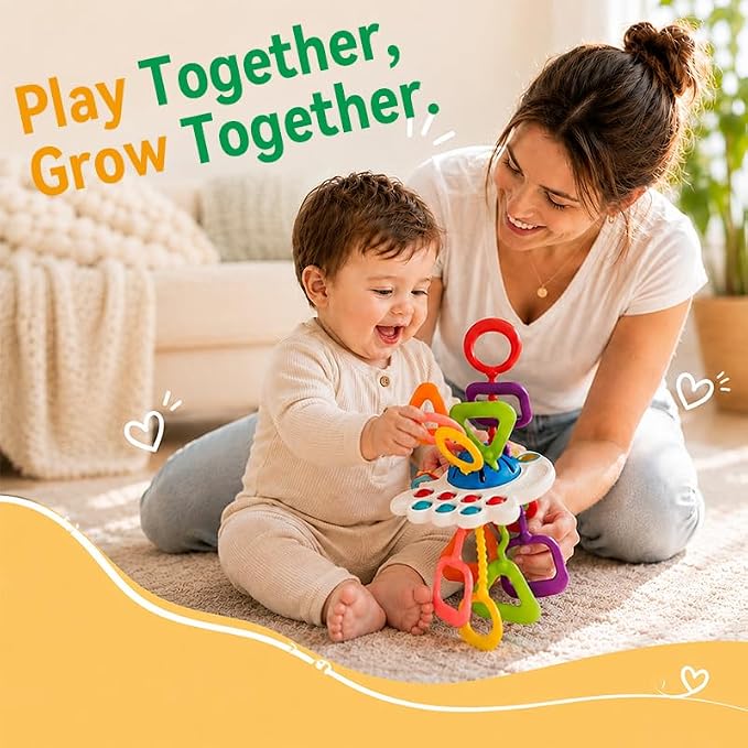 Baby Toys 6-12 Months, Montessori Silicone Pulling Toy for Babies, 6 in 1 Pull String Sensory Toy, Baby Teething Toy, Car Seat & Stroller Toys, Gift for 1 Year Old Boy Girl