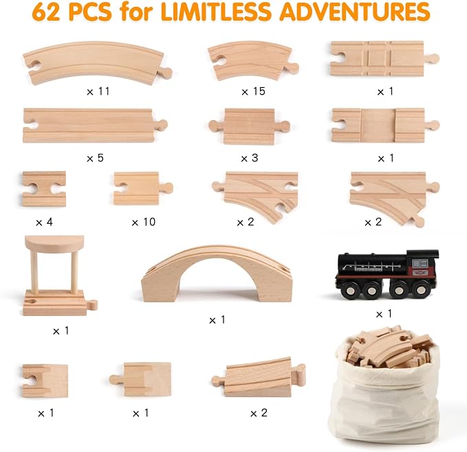 Qilay Wooden Train Track Set - 62PCS Track Expansion with 1 Bonus Magnetic Trains, Arched Bridge, Storage Bag, Compatible with All Major Brand Train Set for Kids 3+