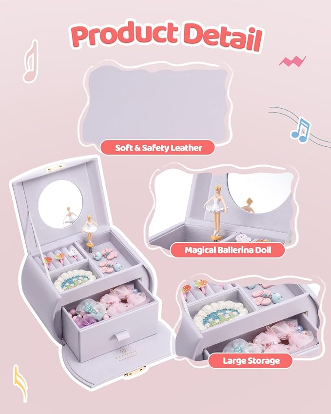 VLANDO Kids Musical Jewelry Box for Girls with Drawer, Music Box with Ballerina and Stickers for Birthday Bedroom Decor, Valentines Day Gifts for Daughter Girls Kids - Light Purple
