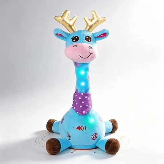 Dancing Talking Giraffe Toy, Stuffed Animal Baby Toy Repeating What You Say, Glowing Musical Giraffe Gifts for Toddlers 1-3 Years Old, for Kids (Blue Giraffe Antlers)