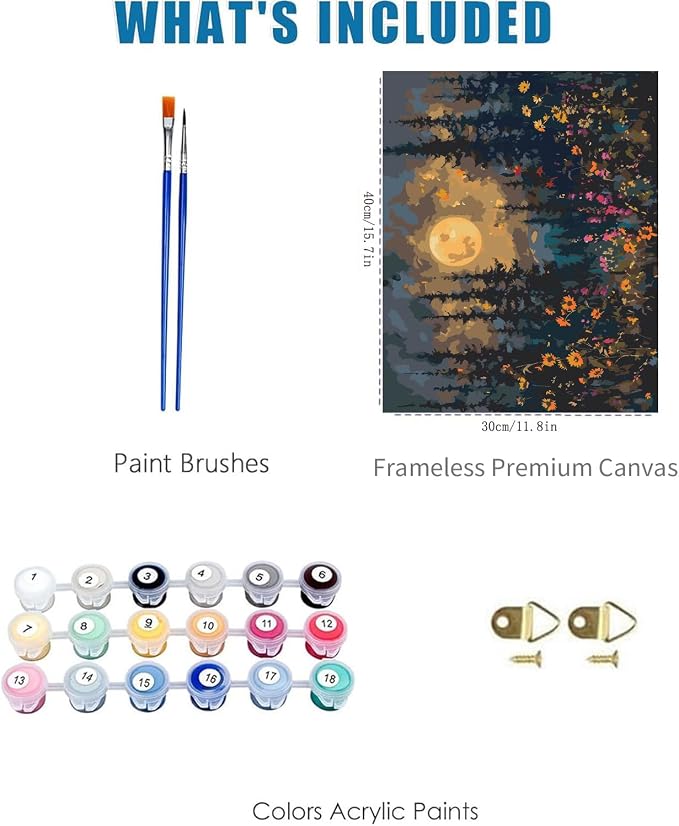 Paint by Numbers for Adults and Kids Beginner, Moonlit Tree Mountains Wildflowers Painting by Number Kits On Canvas Number Artist Paint by Number Kit Oil Painting Acrylic Paints Home Wall Decor Gift