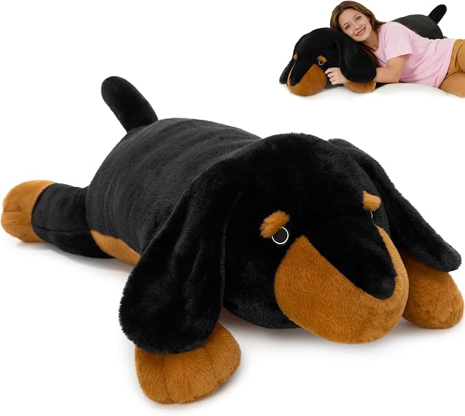 MorisMos Black Dachshund Stuffed Animal Body Pillow, 39-Inch Long Plush Weiner Dog Pillow for Dog Lovers, Soft Embroidered Lazy Eyes Sausage Dog Cuddle Pillow for Couch & Bed