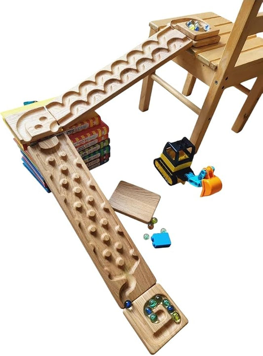Wooden Marble Run Track Set of 2 – Montessori STEM Toy for Kids – Race Machine & Maze Board – Educational Wooden Roller Track Game – Wind & Rocks Run Gift for Children